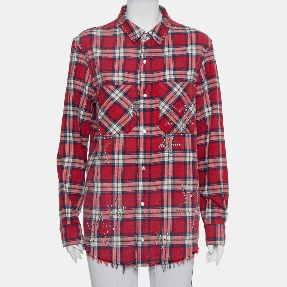 

Amiri Red Plaided Flannel Studded Star Detail Shirt M
