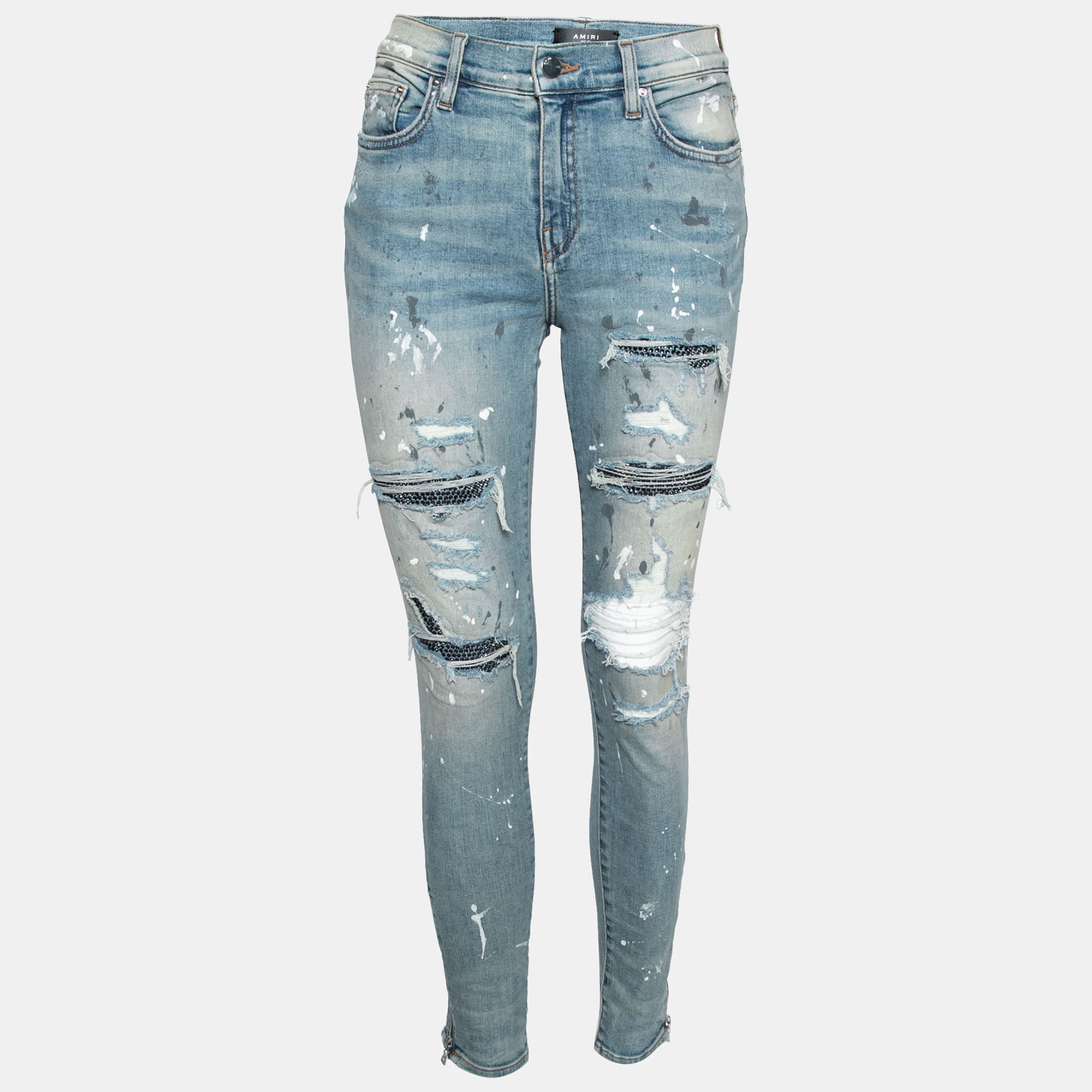 

Amiri Blue Distressed Denim Crystal Embellished Inset Detail Skinny Jeans M