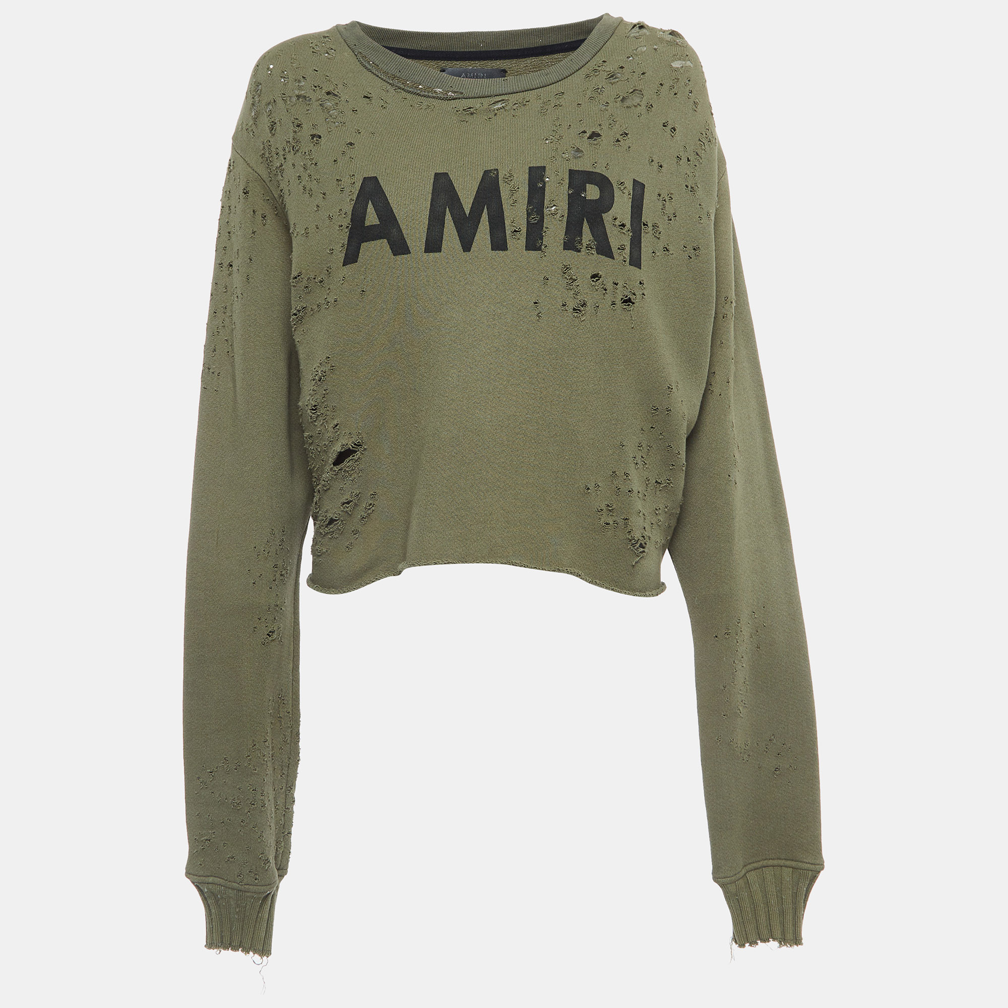 

Amiri Military Green Logo Print Distressed Cotton Sweatshirt