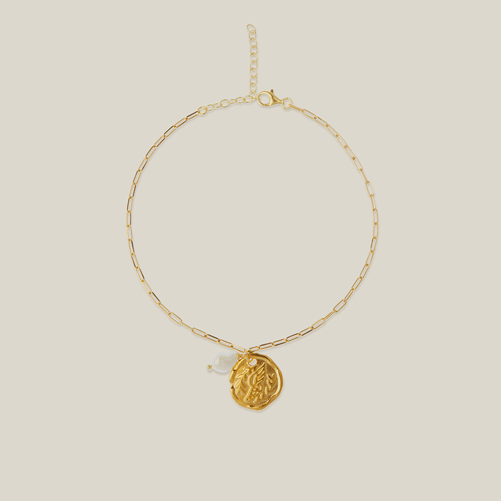 Ancient Greek Sandals Gold Chain Charm and Faux Pearl Anklet One Size