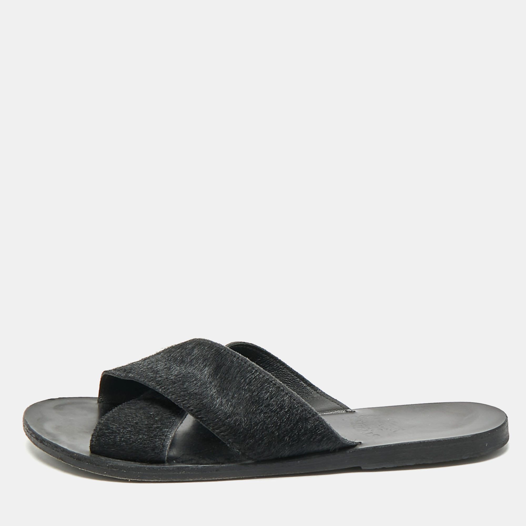 

Ancient Greek Sandals Black Calf Hair Crisscross Flat Slides Size
