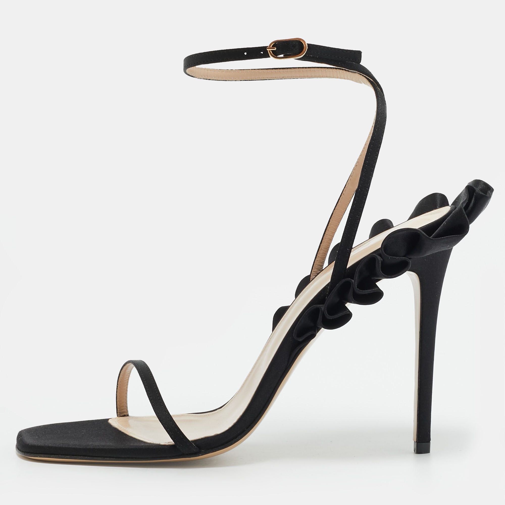 

Andrea Wazen Rouches Size  Black Satin Ankle Strap Sandals