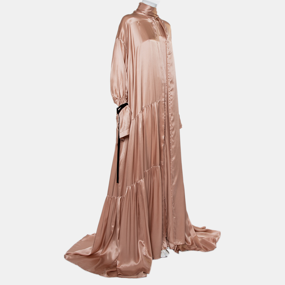

Ann Demeulemeester Pink Silk Satin Button Front Tiered Oversized Maxi Dress