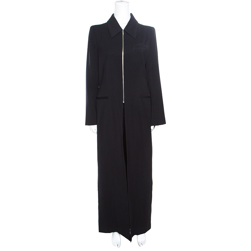 Ann Demeulemeester Black Wool Gabardine Zip Front Slit Detail Overcoat L