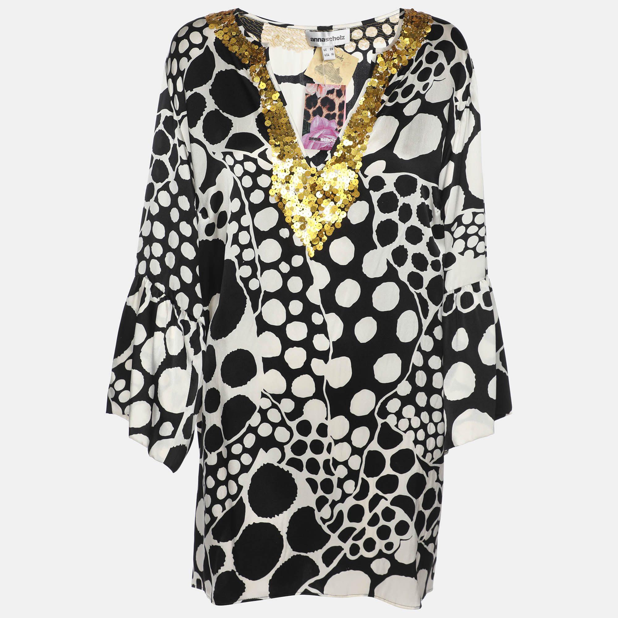 

Anna Scholz Black/White Printed Satin Silk Sequin Kaftan XL