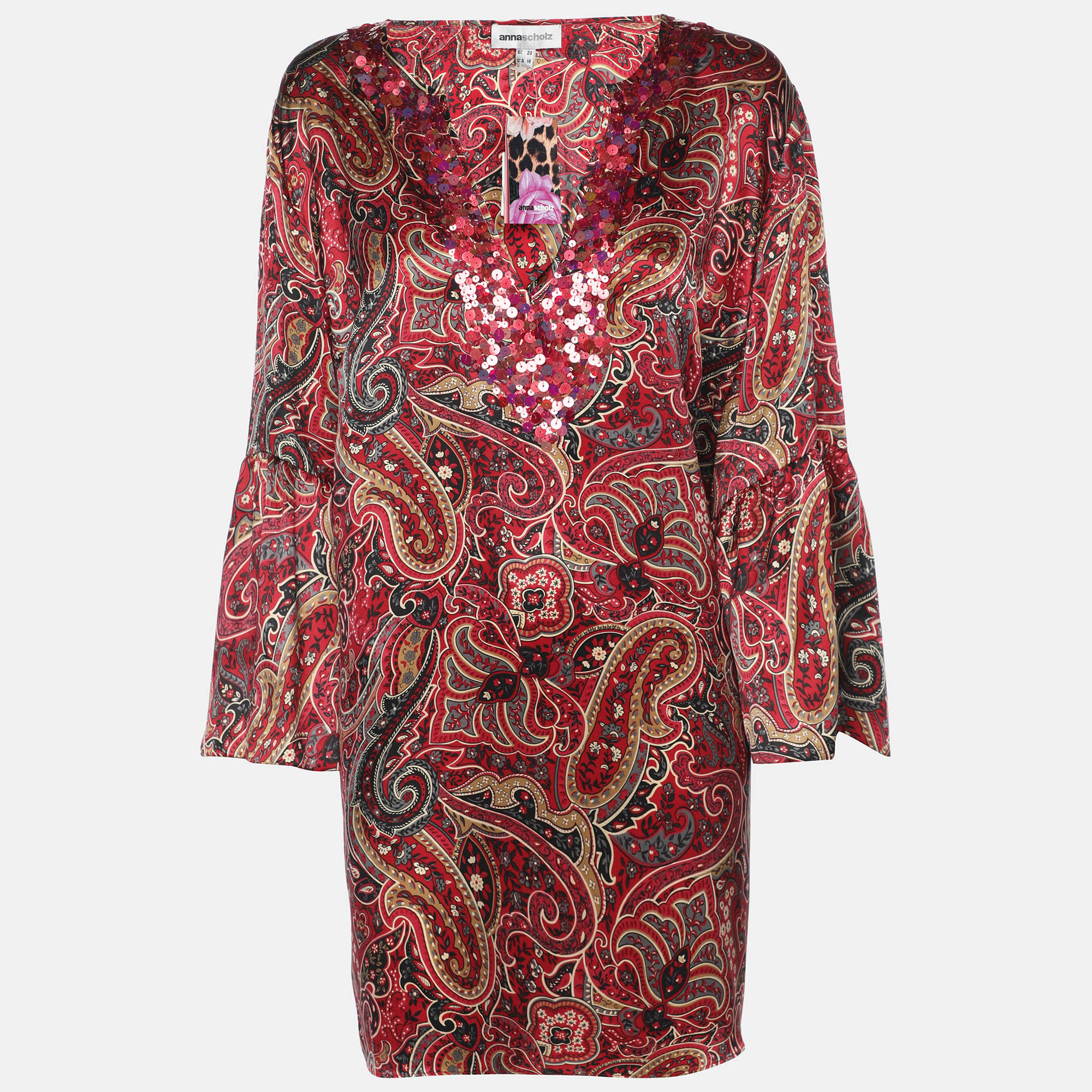 Pre-owned Anna Scholz Red Printed Satin Sequin Embellished Tunic Xl