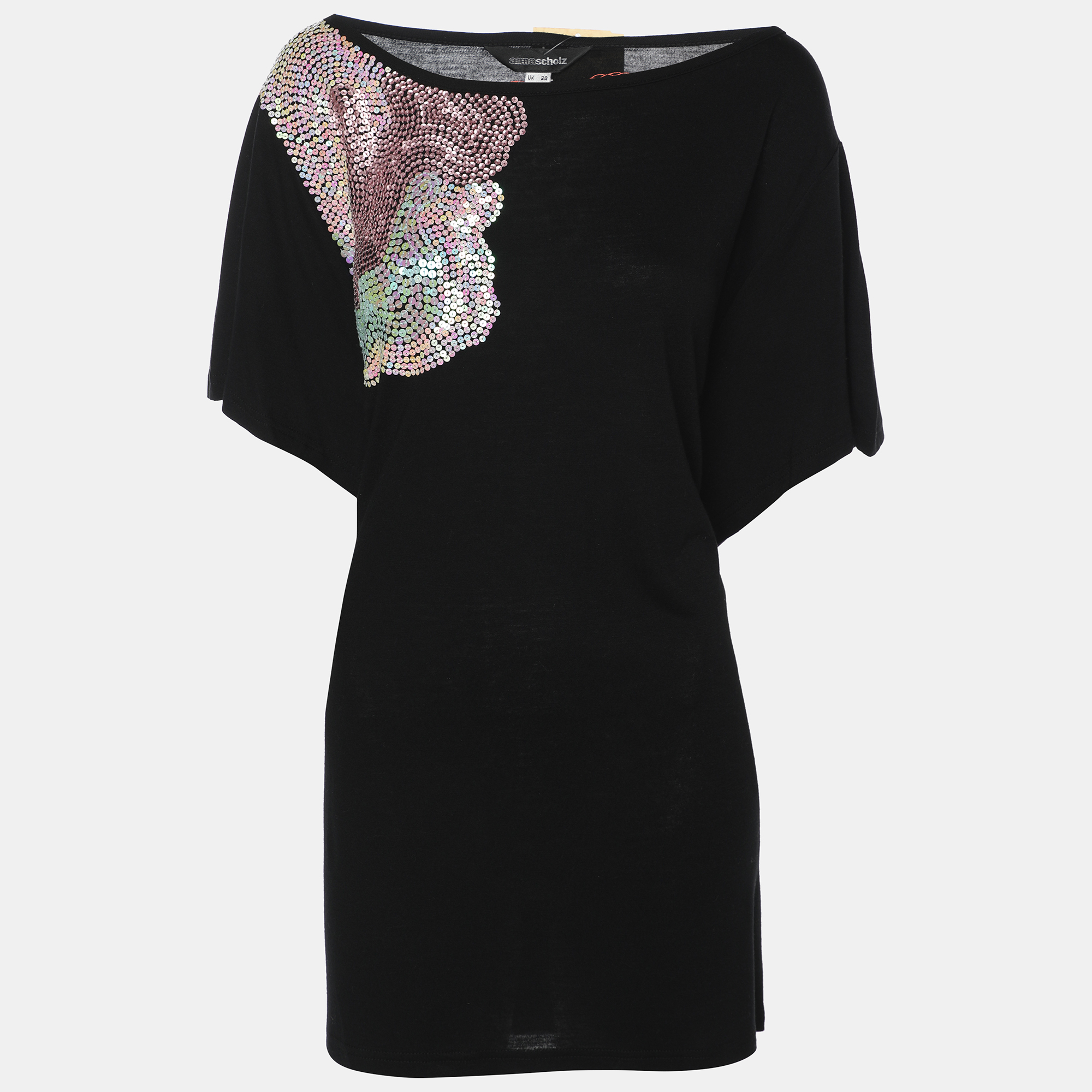 

Anna Scholz Black Jersey Sequined Slash Neck Top XL