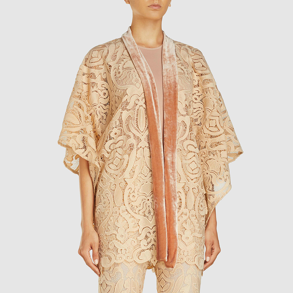 

ANNA SUI Cream Baroque Lace and Velvet Trim Kimono Size OS