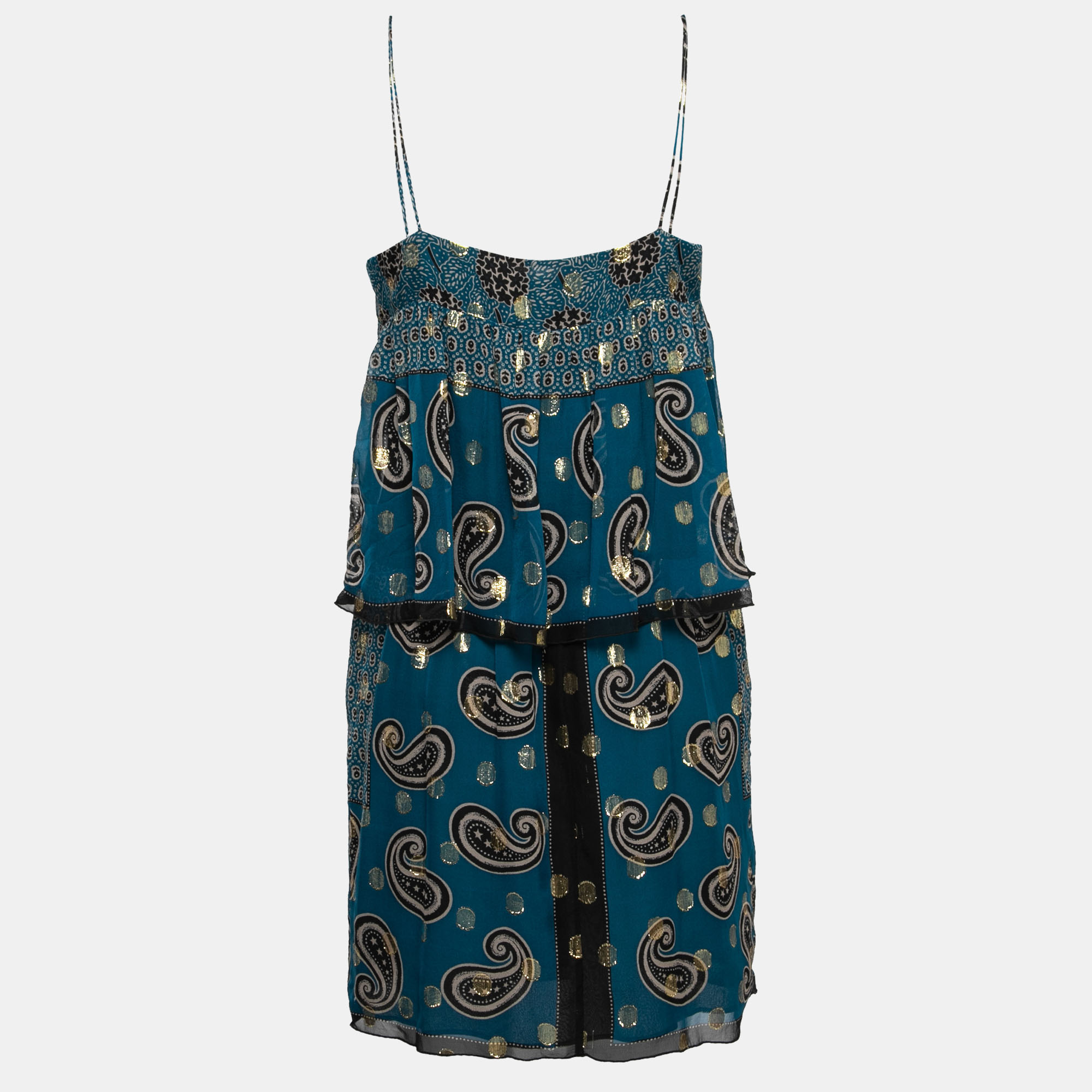 

Anna Sui Teal Blue Paisley Print Chiffon Lurex Insert Strappy Dress