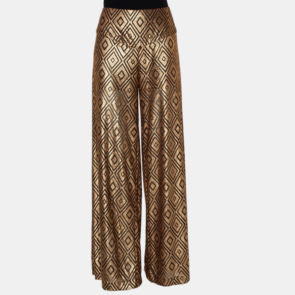 Pre-owned Anna Sui Gold Knitted Geometric Design High Waist Wide Leg Trouser M
