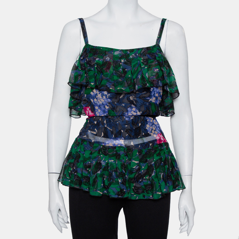Pre-owned Anna Sui Multicolor Printed Silk Ruffled Sleeveless Top S