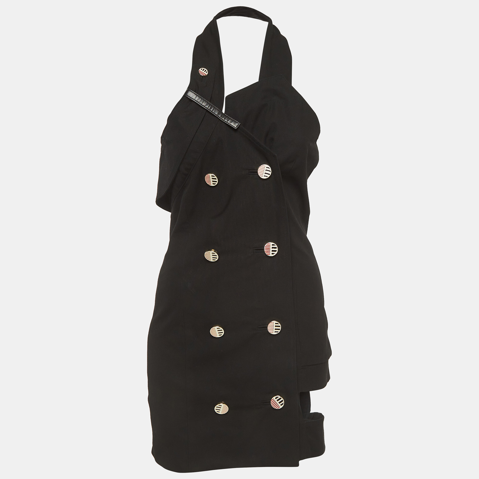 

Anthony Vaccarello Black Cotton Halter Neck Button Detail Mini Dress