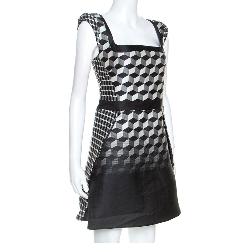 

Antonio Berardi Monochrome Geometric Patterned Jacquard Silk Mini Dress, Black