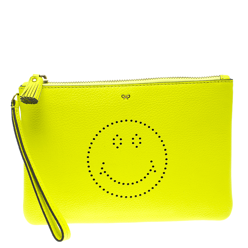 Pre Owned Anya Hindmarch Neon Yellow Leather Smiley Zip Top Pouch