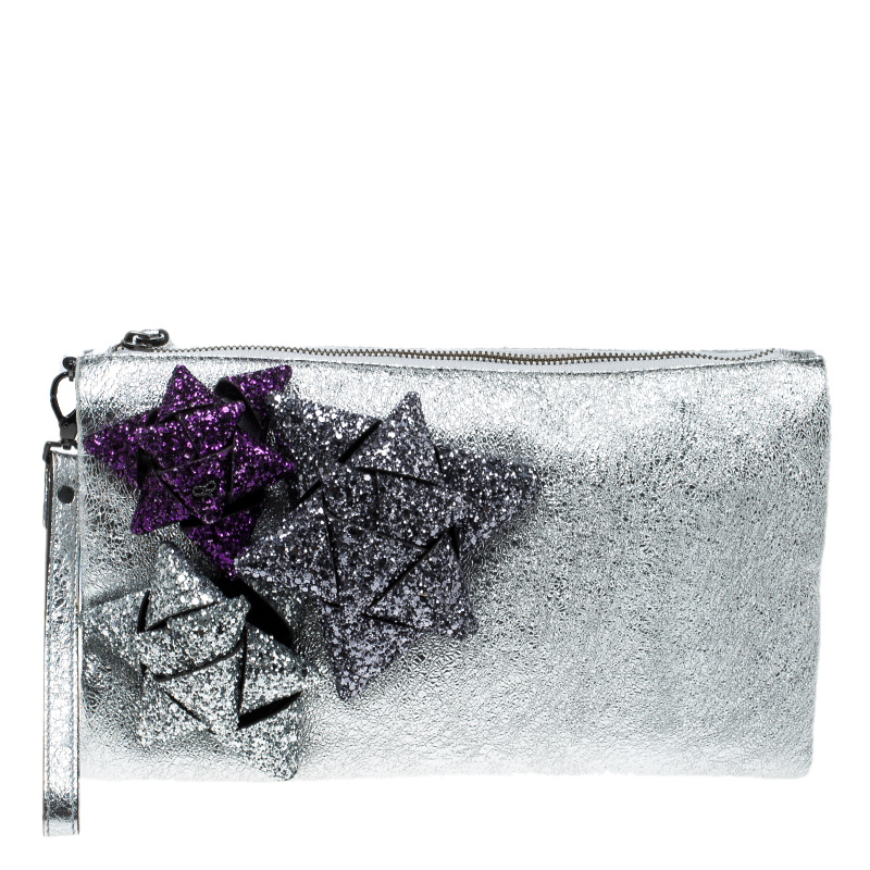 Pre Owned Anya Hindmarch Metallic Silver Crinkle Leather Scrooge Day Glitter Clutch