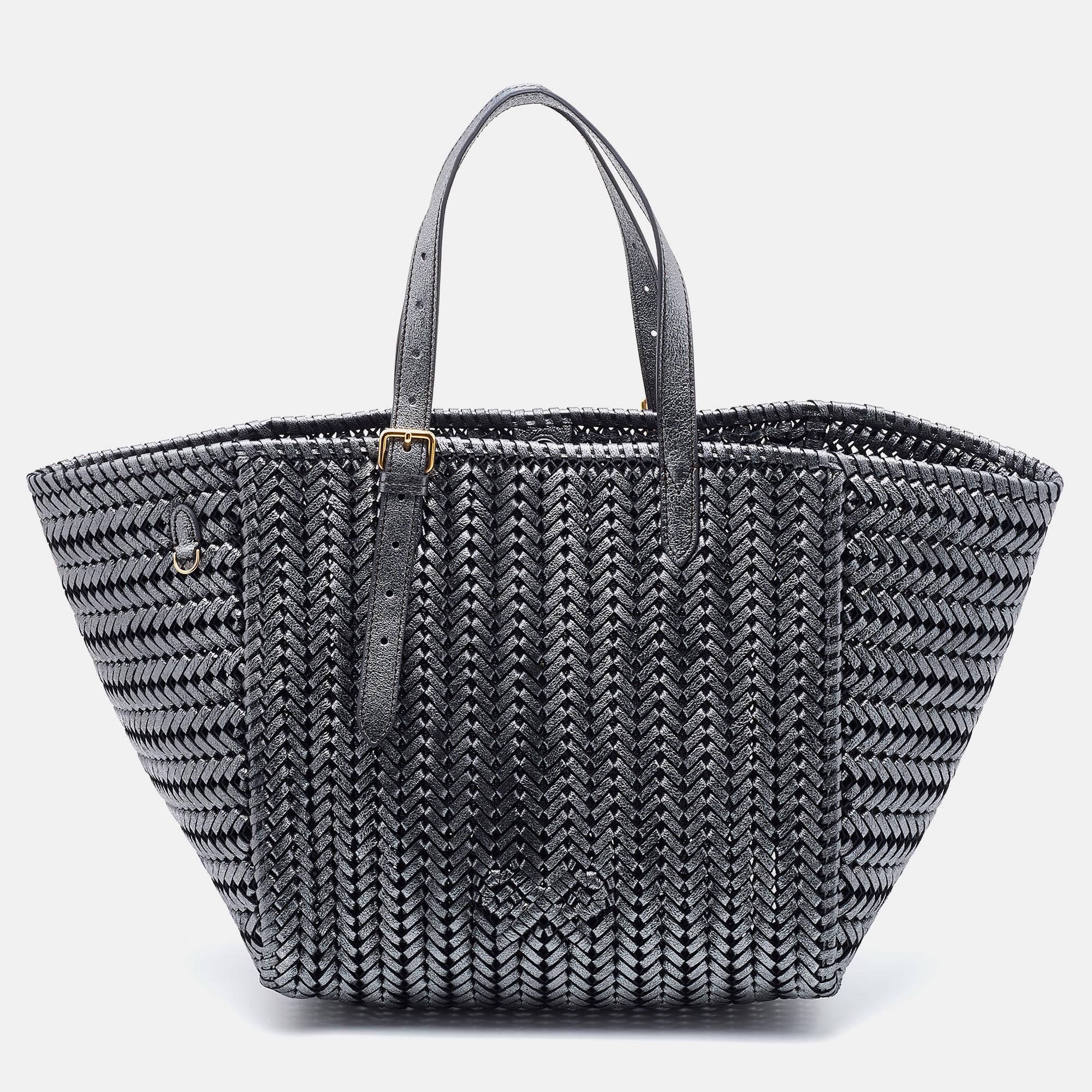 Pre Owned Anya Hindmarch Metallic Grey Woven Leather Nesson Tote