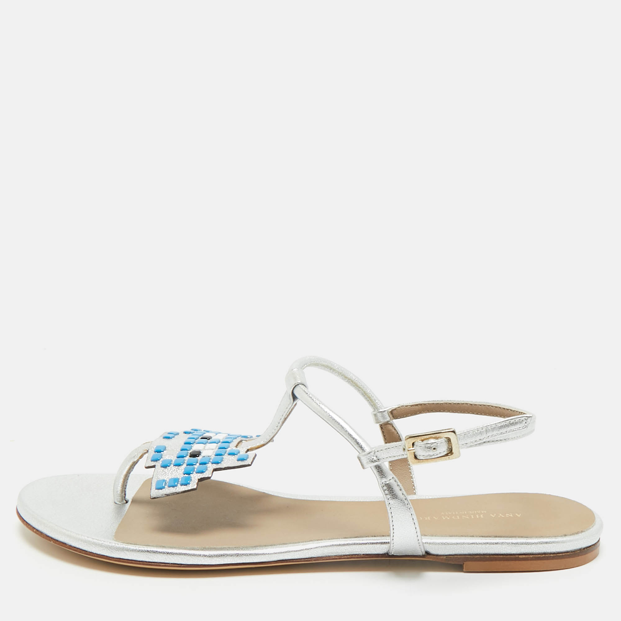 

Anya Hindmarch Silver Leather Ankle Strap Flat Sandals Size