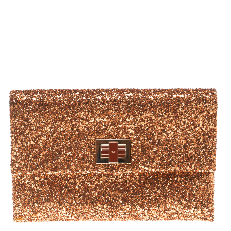 Pre Owned Anya Hindmarch Bronze Glitter Valorie Clutch