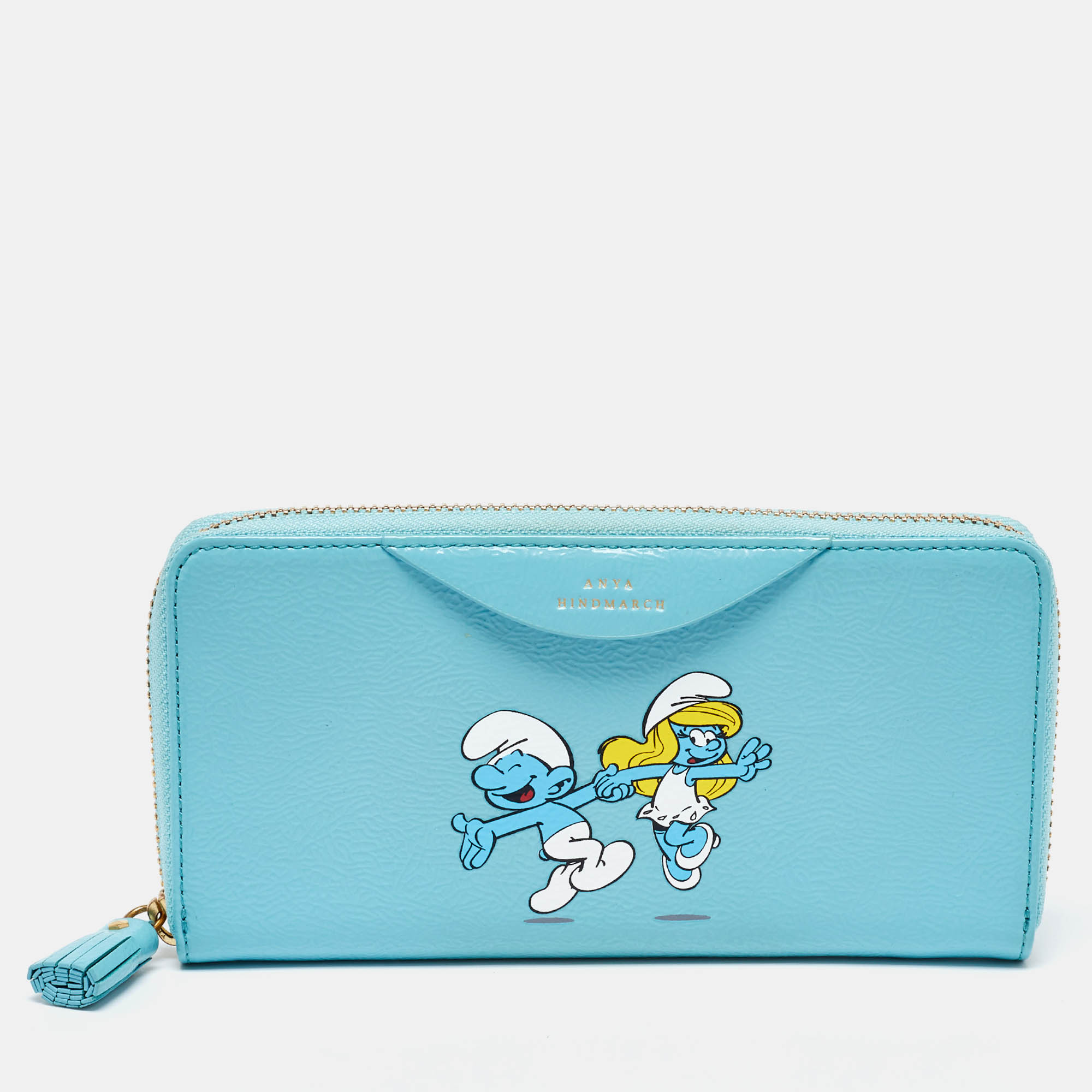 

Anya Hindmarch Turquoise Blue Patent Leather Smurfs Zip Around Wallet