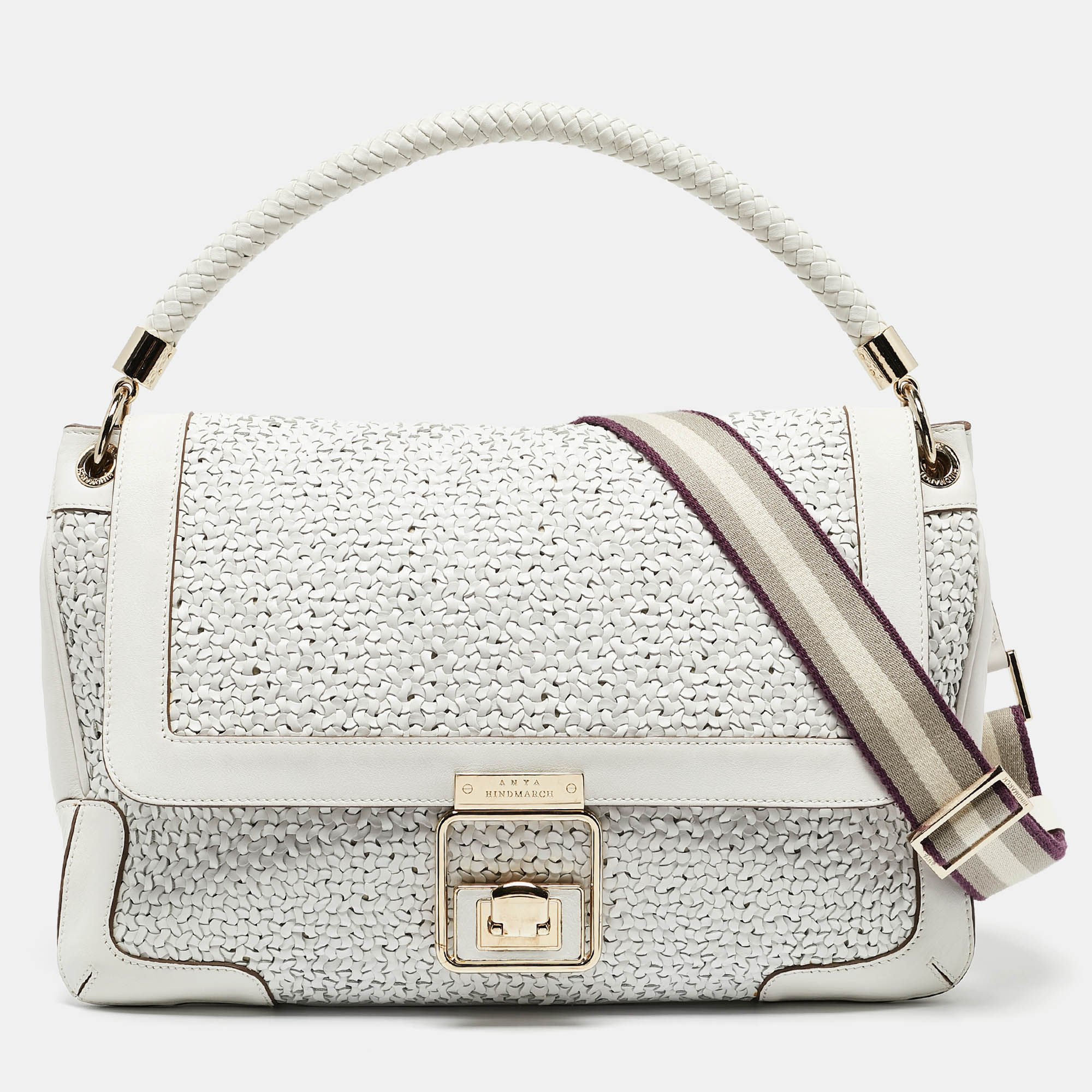 

Anya Hindmarch White Woven Leather Flap Top Handle Bag