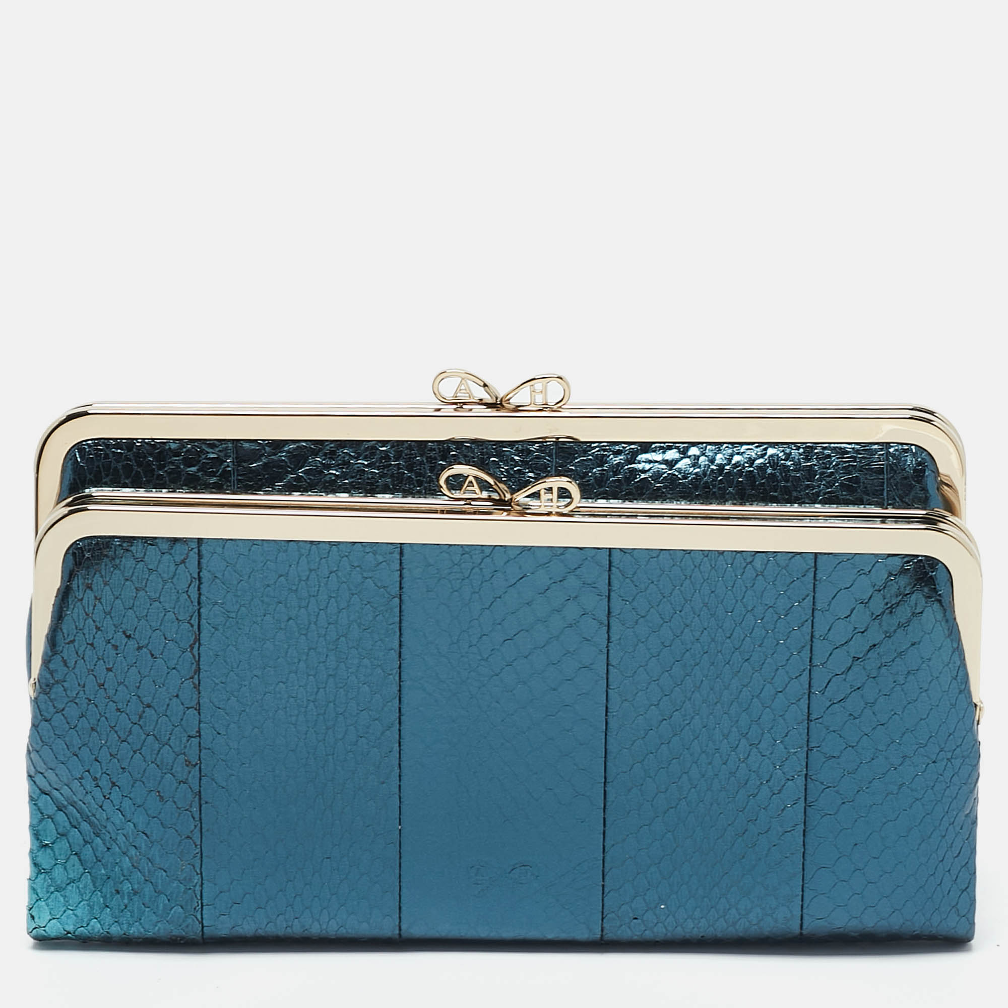 

Anya Hindmarch Metallic Blue Watersnake Double Frame Clutch