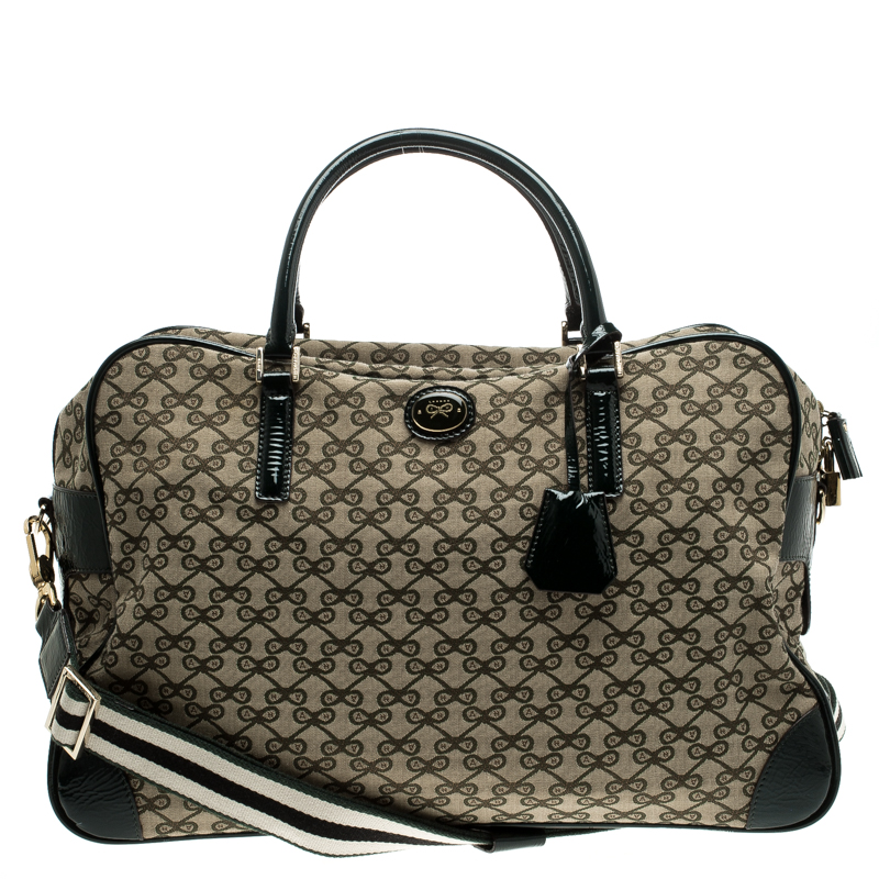 Anya Hindmarch Beige/Green Iconic Lattice Print Canvas Weekender 