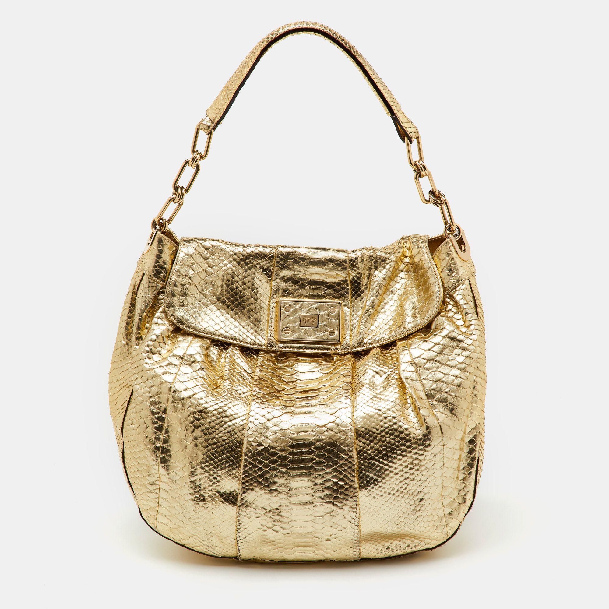 

Anya Hindmarch Metallic Gold Python Flap Shoulder Bag