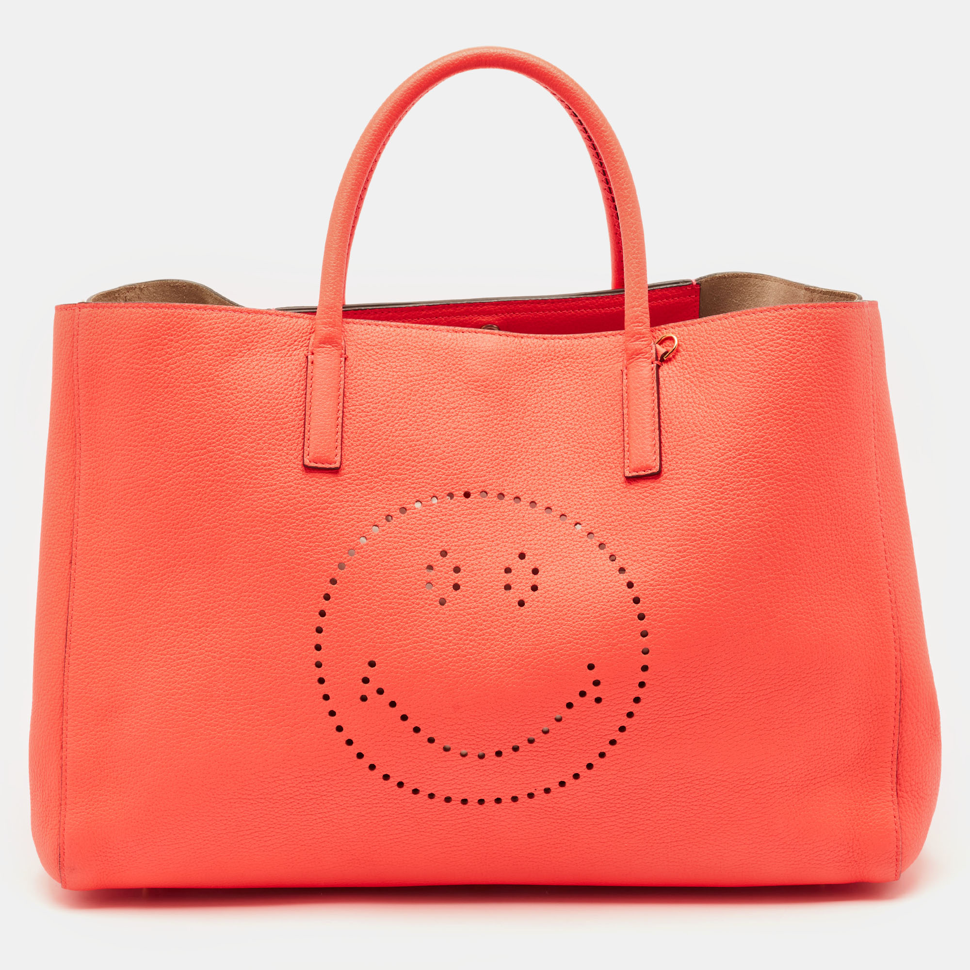 

Anya Hindmarch Neon Orange Leather Featherweight Smiley Ebury Tote
