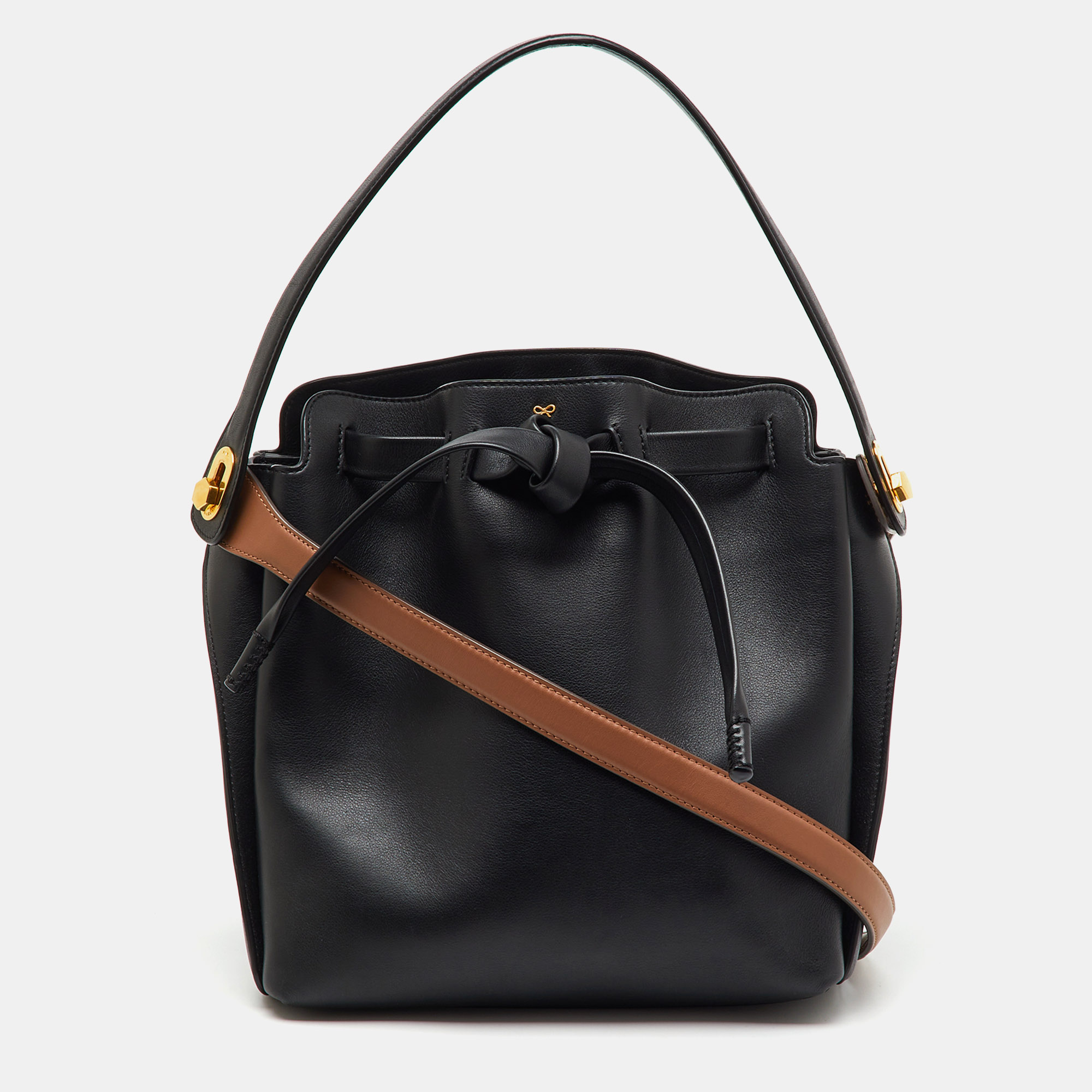 Pre-owned Anya Hindmarch Black Leather Small Shoelace Drawstring Bag