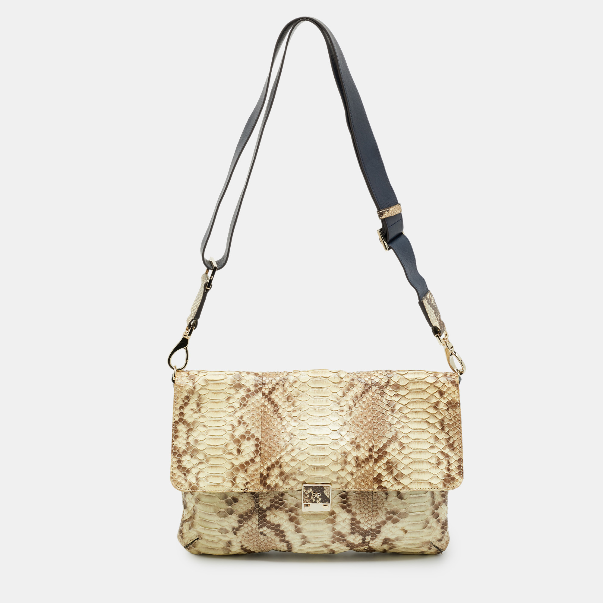 

Anya Hindmarch Logo Flap Cream/Navy Blue Python and Leather Shoulder Bag