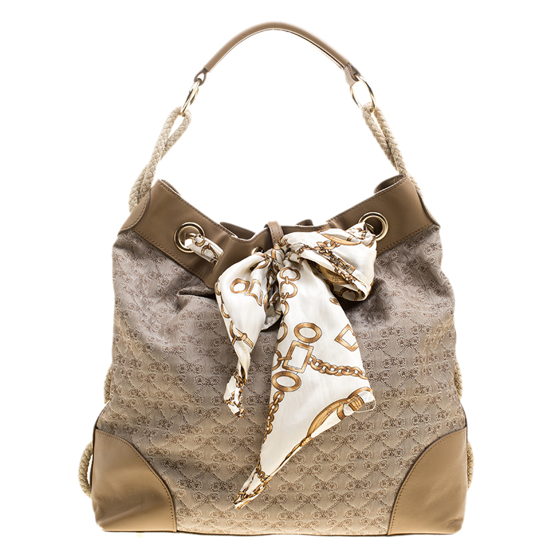 Pre Owned Anya Hindmarch Dark Beige Canvas and Leather Scarf Hobo