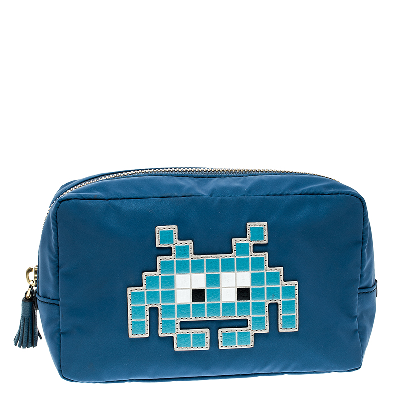 Pre Owned Anya Hindmarch Blue Nylon Space Invader Cosmetic Pouch