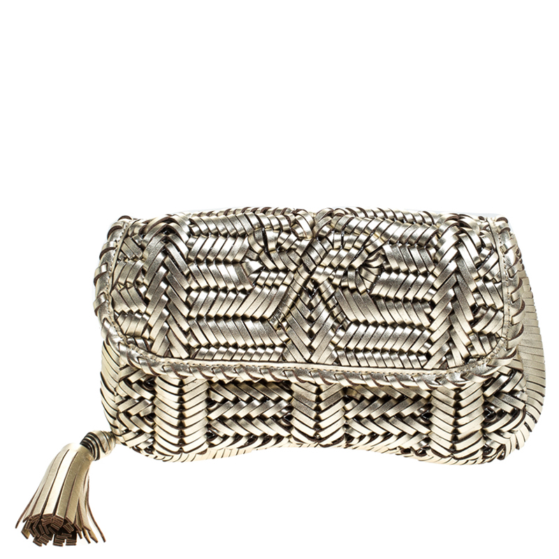 Anya Hindmarch Metallic Gold Leather Rossum Woven Clutch