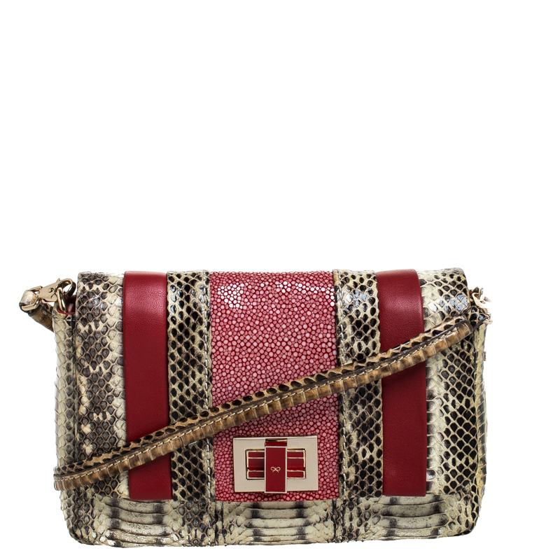 Anya Hindmarch Red/Cream Python,Leather and Stingray Stripy Gracie Flap Bag