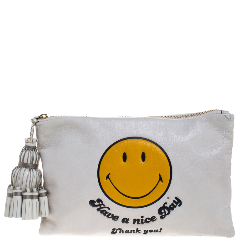 Pre-owned Anya Hindmarch White Leather Have A Nice Day Georgiana Clutch