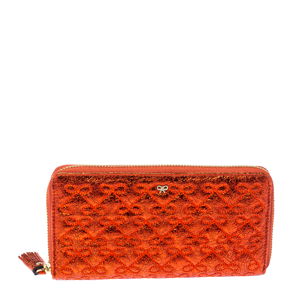 Pre-owned Anya Hindmarch Metallic Orange Textured Embossed Leather Zip Around Wallet