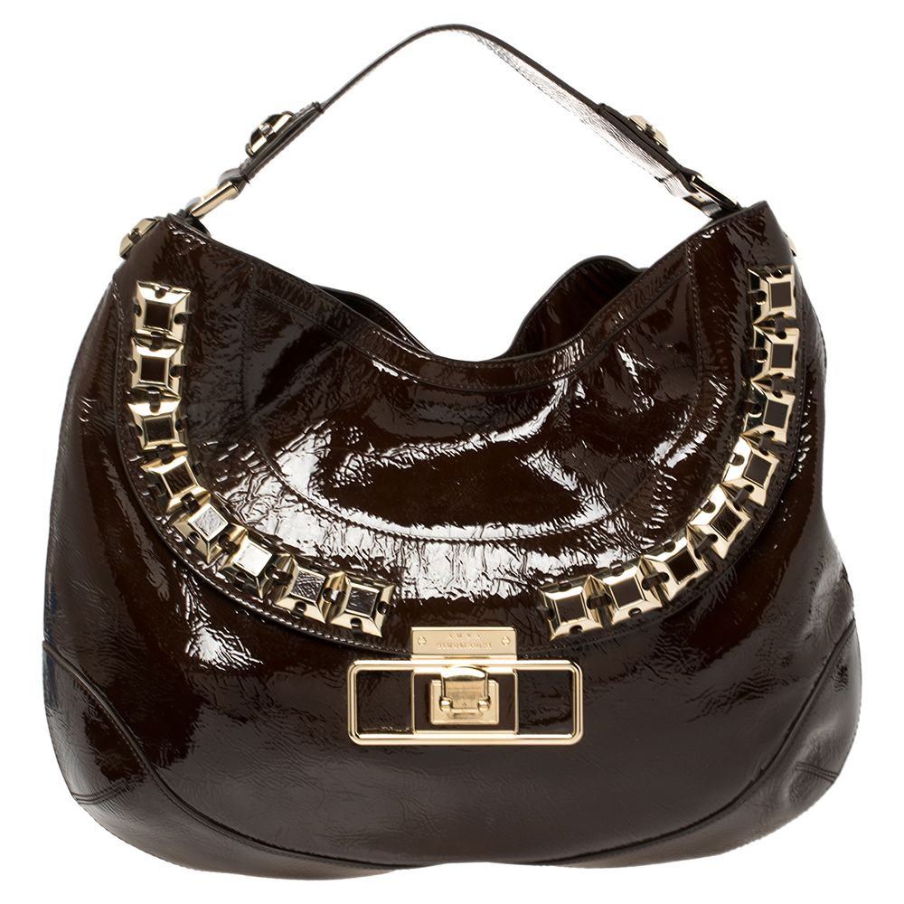Pre-owned Anya Hindmarch Dark Brown Patent Leather Studded Hobo