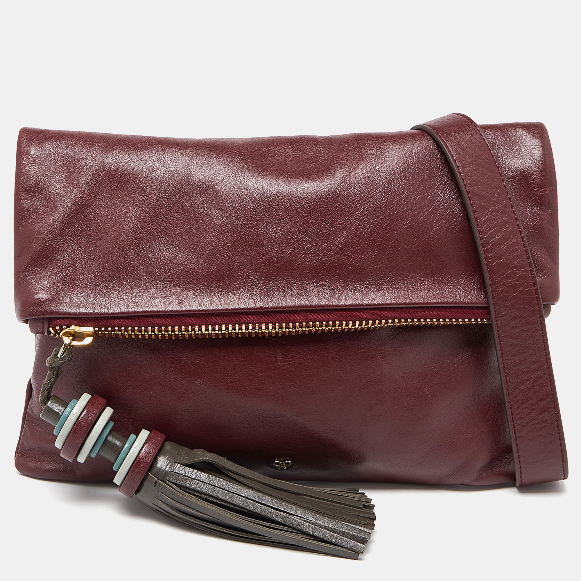 Pre-owned Anya Hindmarch Burgundy Leather Foldover Tassel Crossbody Bag