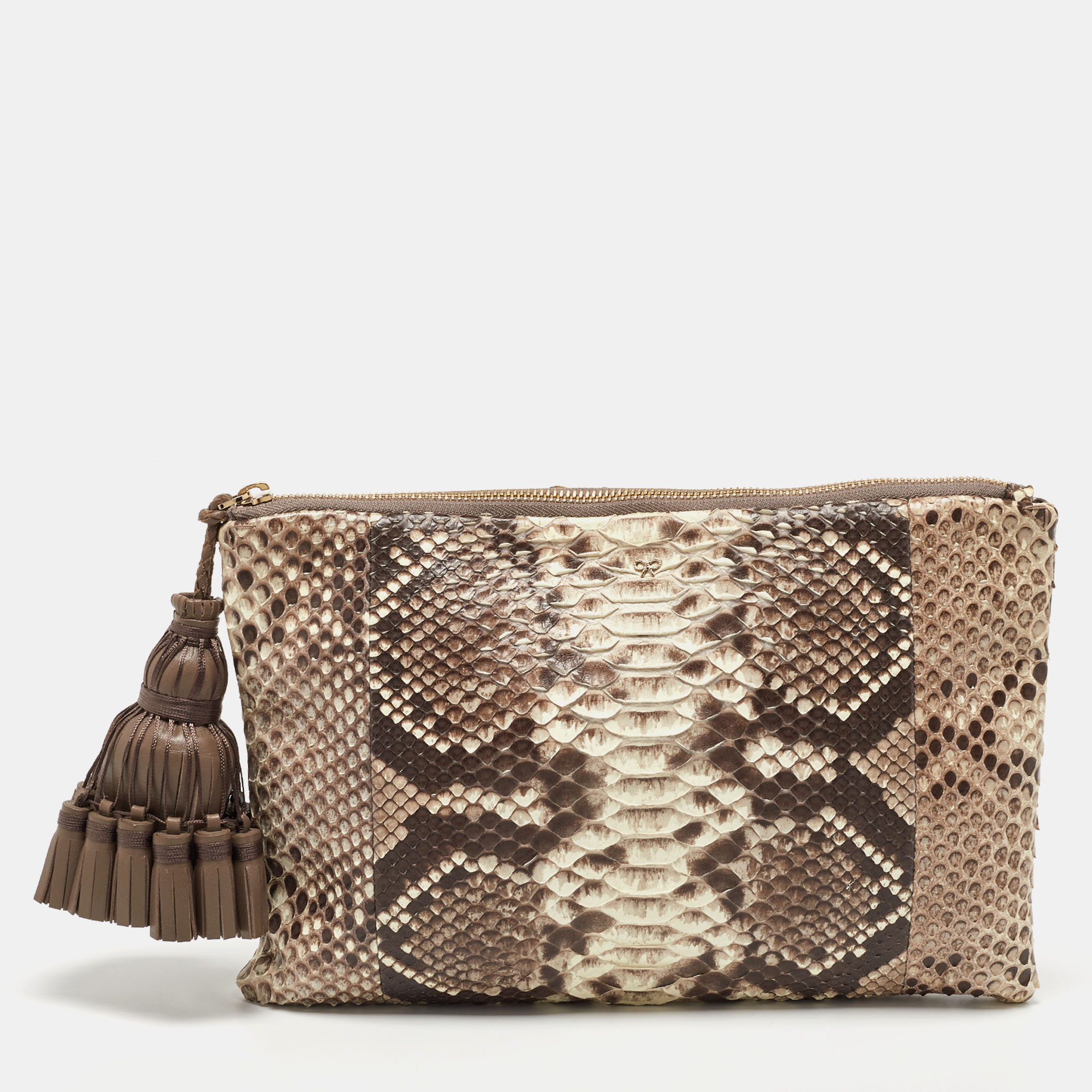 Pre-owned Anya Hindmarch Beige Python Zip Tassel Pouch