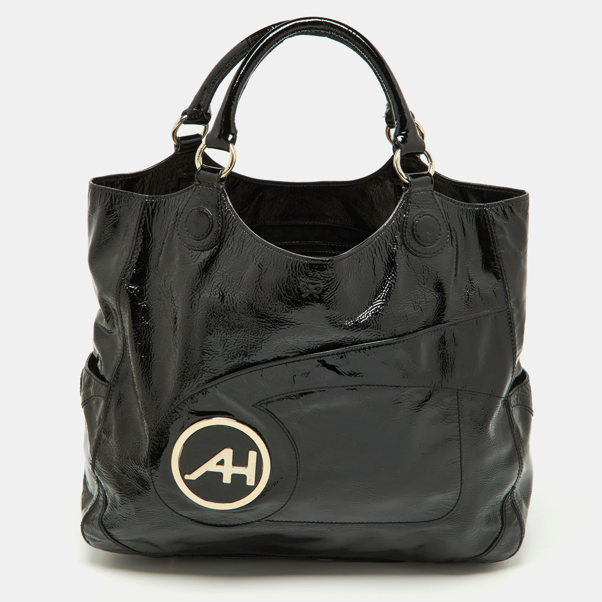 Pre-owned Anya Hindmarch Black Patent Leather Logo Hobo