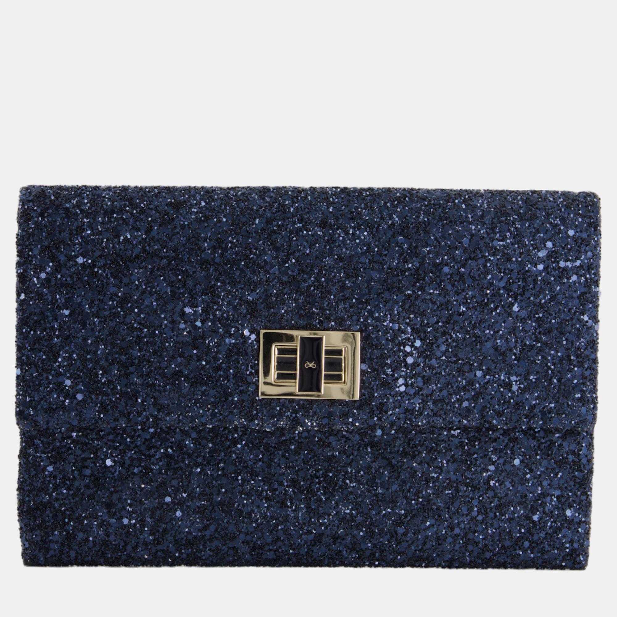 

Anya Hindmarch Blue Glitter Clutch Champagne Gold Hardware and Logo Clasp