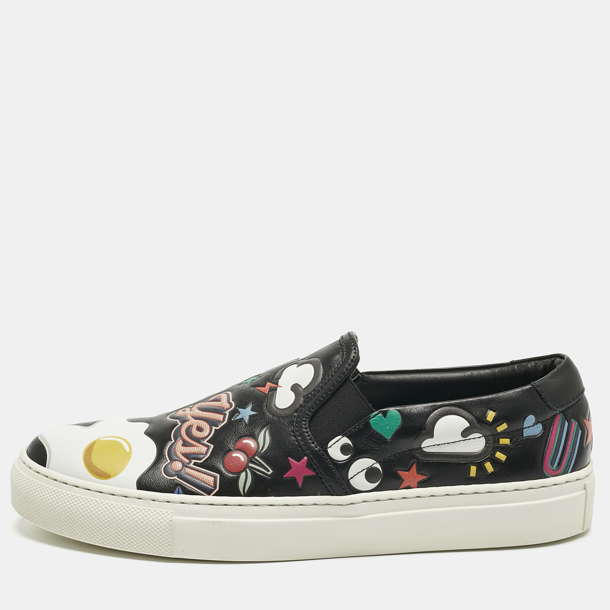 

Anya Hindmarch Black Leather All Over Wink Sticker Slip On Sneakers Size