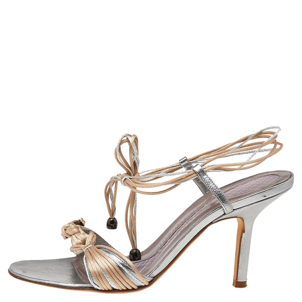 

Anya Hindmarch Beige/Silver Leather And Rope Tie Up Sandals Size