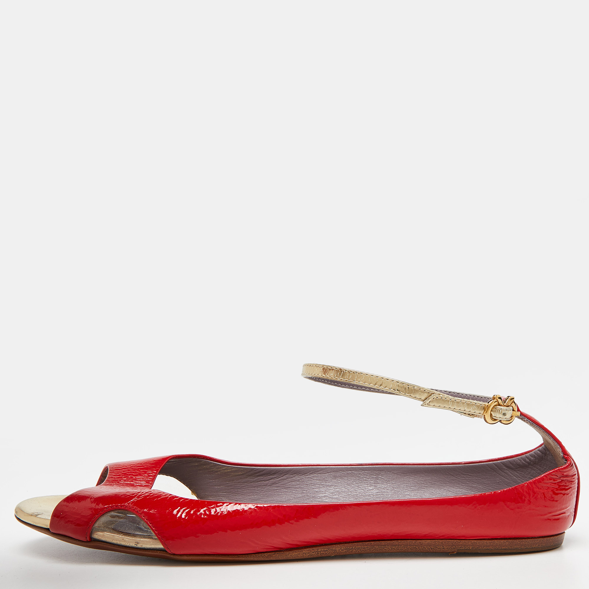 

Anya Hindmarch Red Patent Leather Open Toe Ankle Strap Flats Size