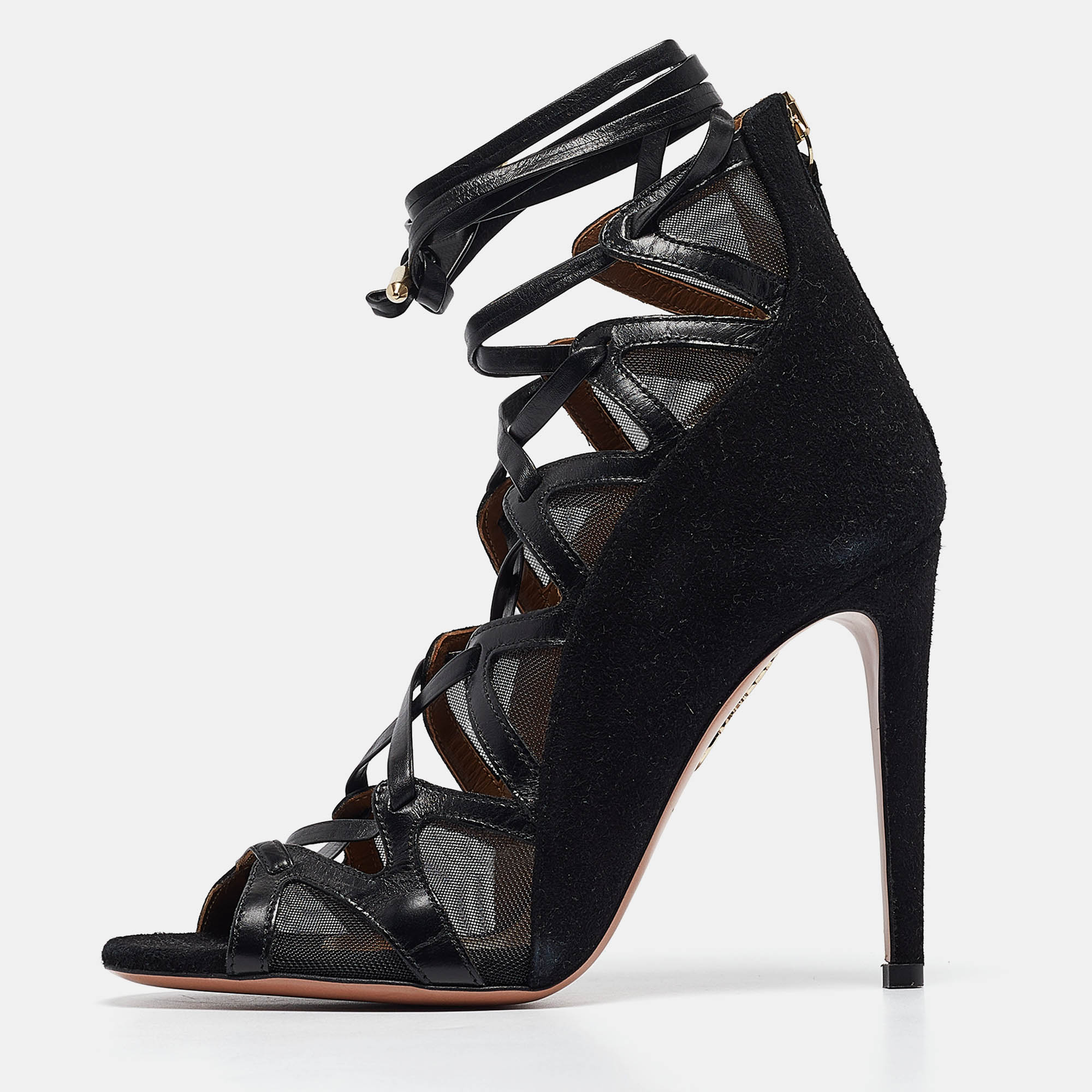 

Aquazzura Black Suede and Mesh French Lover Sandals Size