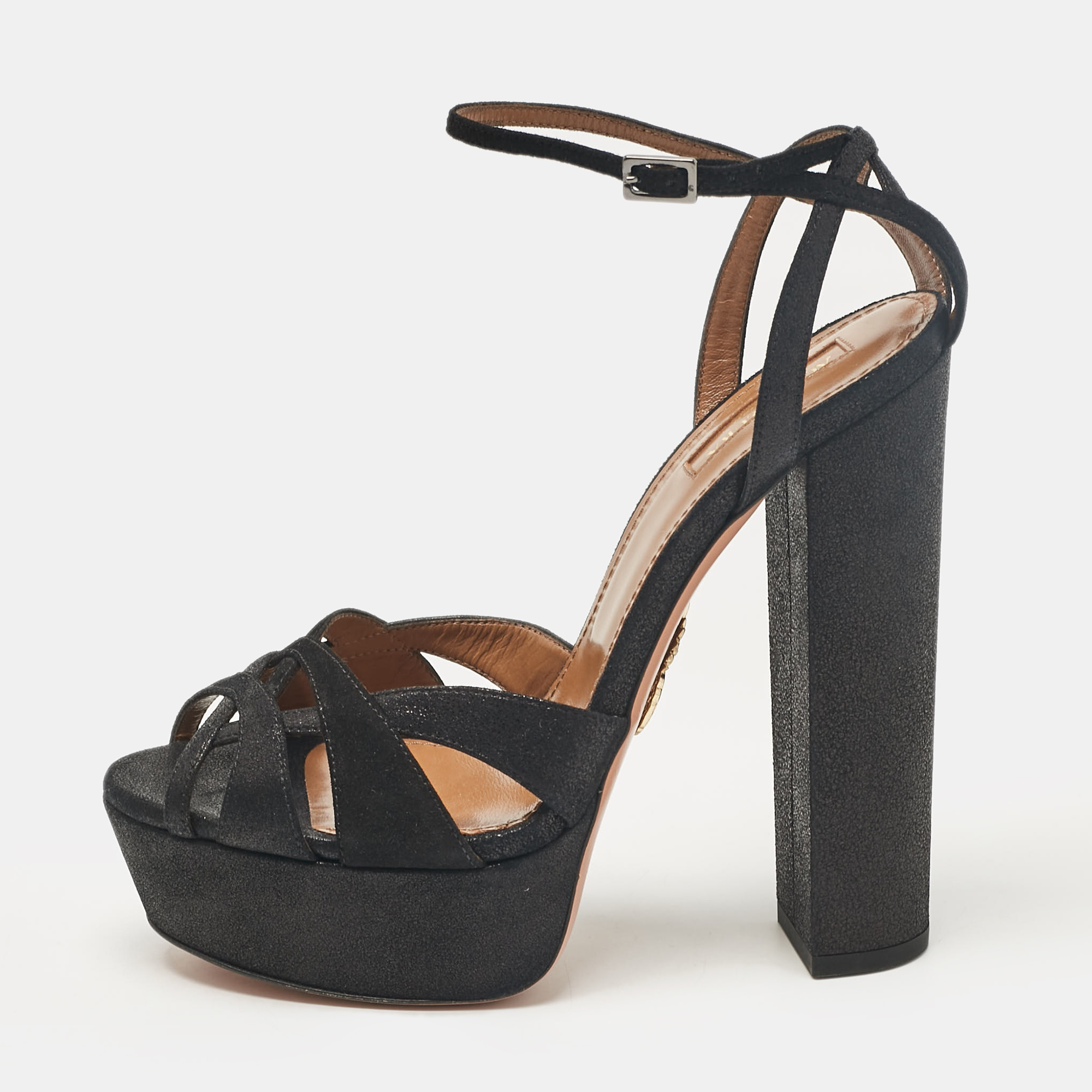 

Aquazzura Black Texture Suede Luna Ankle Strap Sandals Size