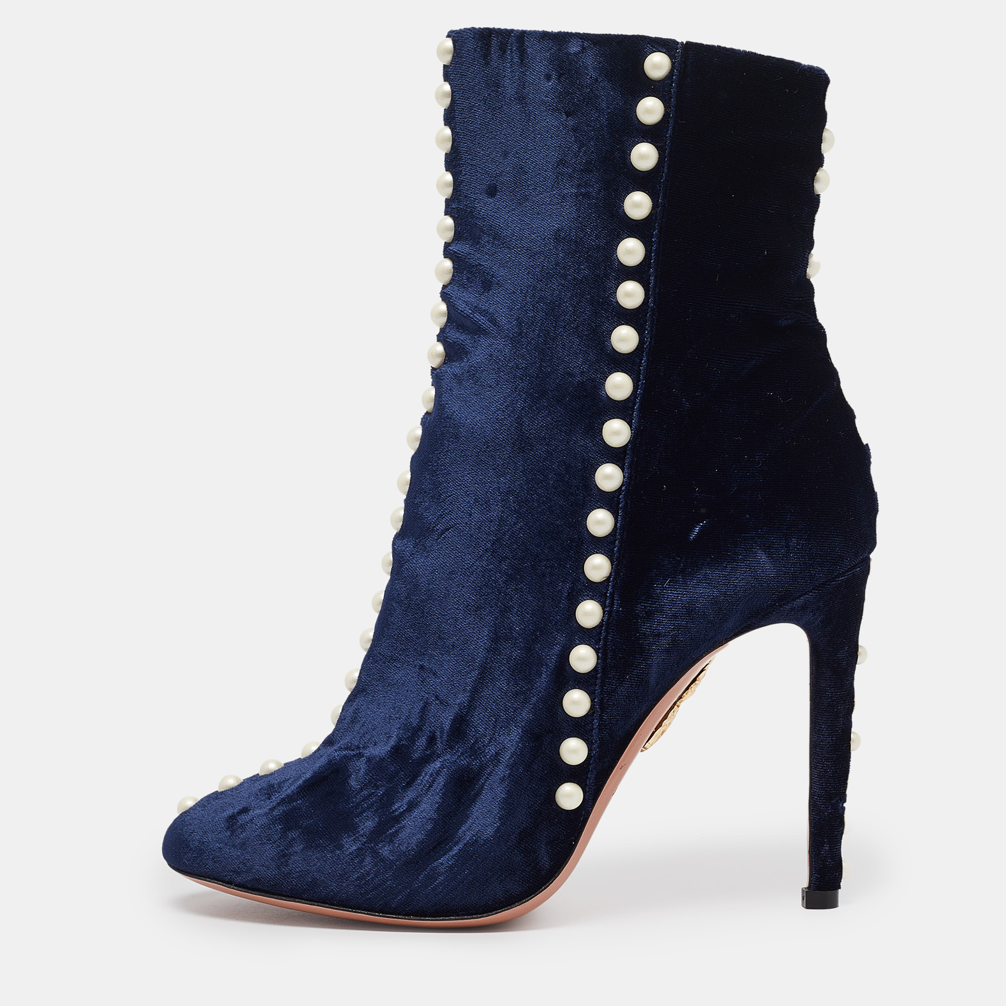 Pre-owned Aquazzura Navy Blue Velvet Follie Pearls Ankle Boots Size 36.5