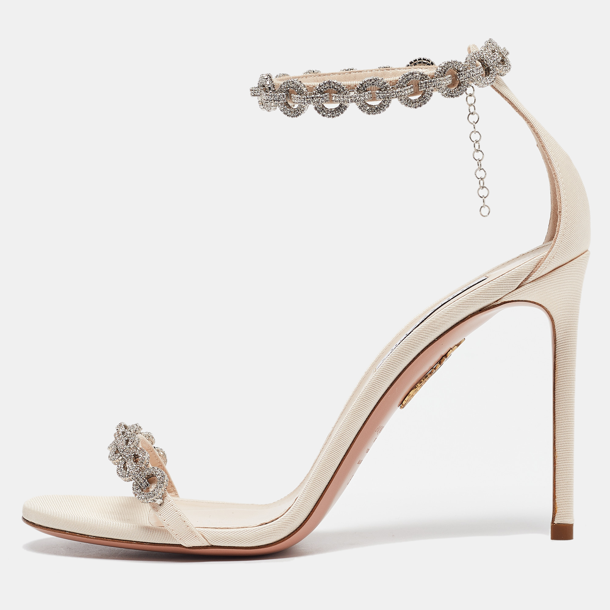 

Aquazzura Beige Grosgrain Embellished Love Link Sandals Size