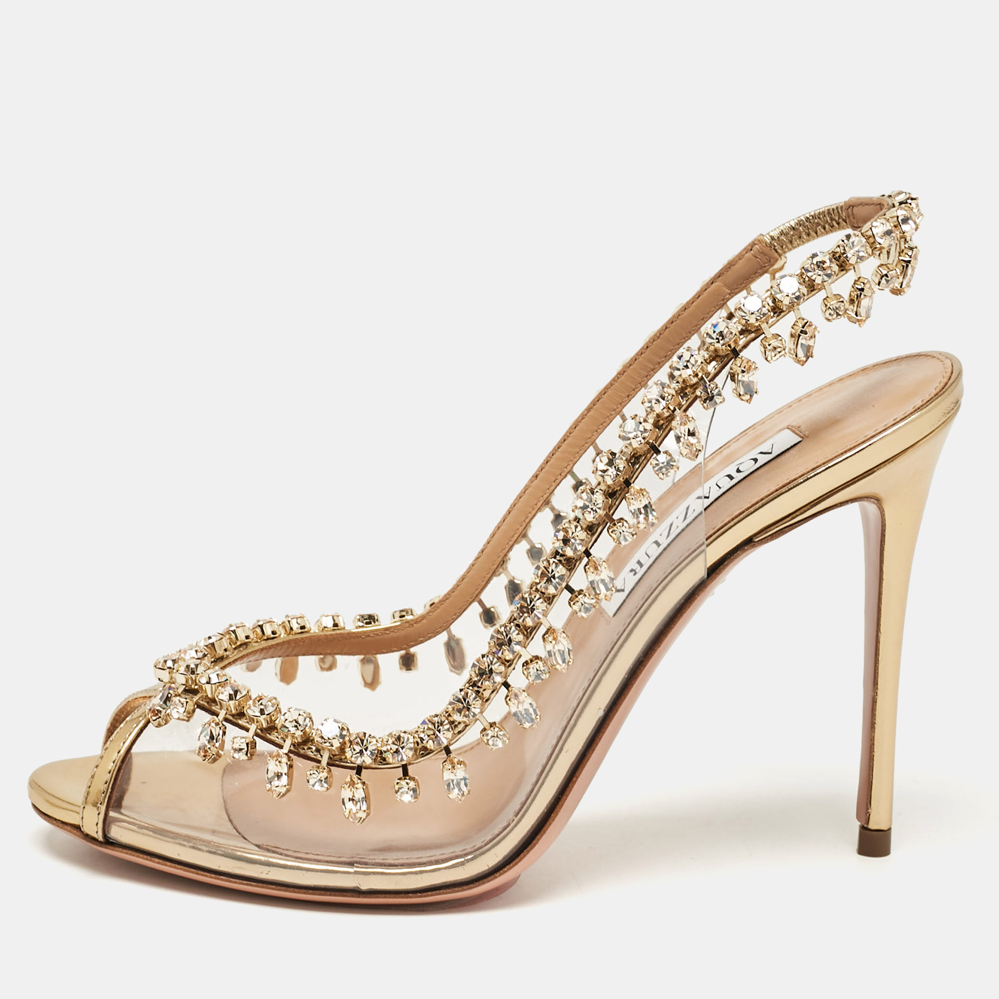 

Aquazzura Gold Leather and PVC Temptation Slingback Sandals Size