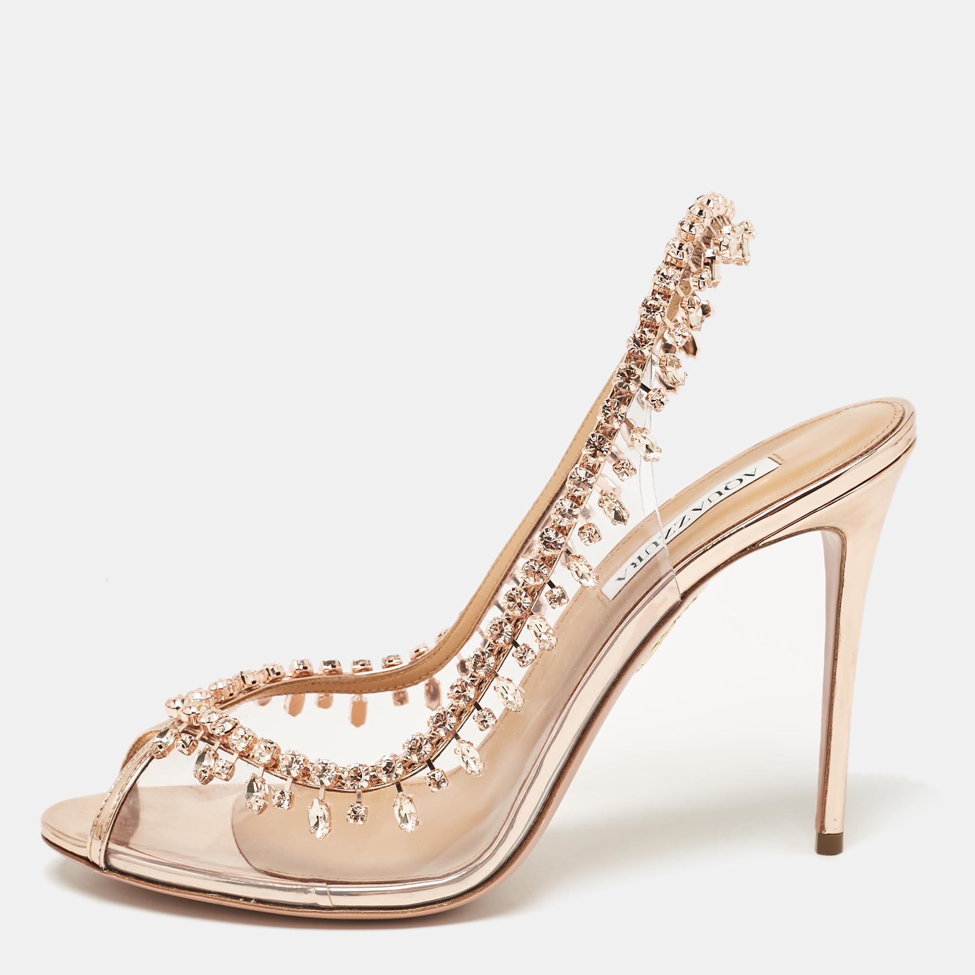 

Aquazzura Transparent/Rose Gold PVC and Patent Leather Temptation Slingback Sandals Size